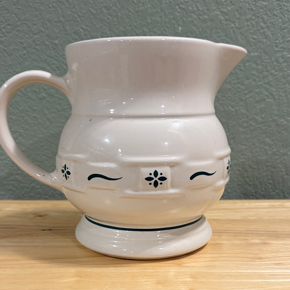 Longaberger White Ceramic Pitcher with Hunter Green Floral Design
